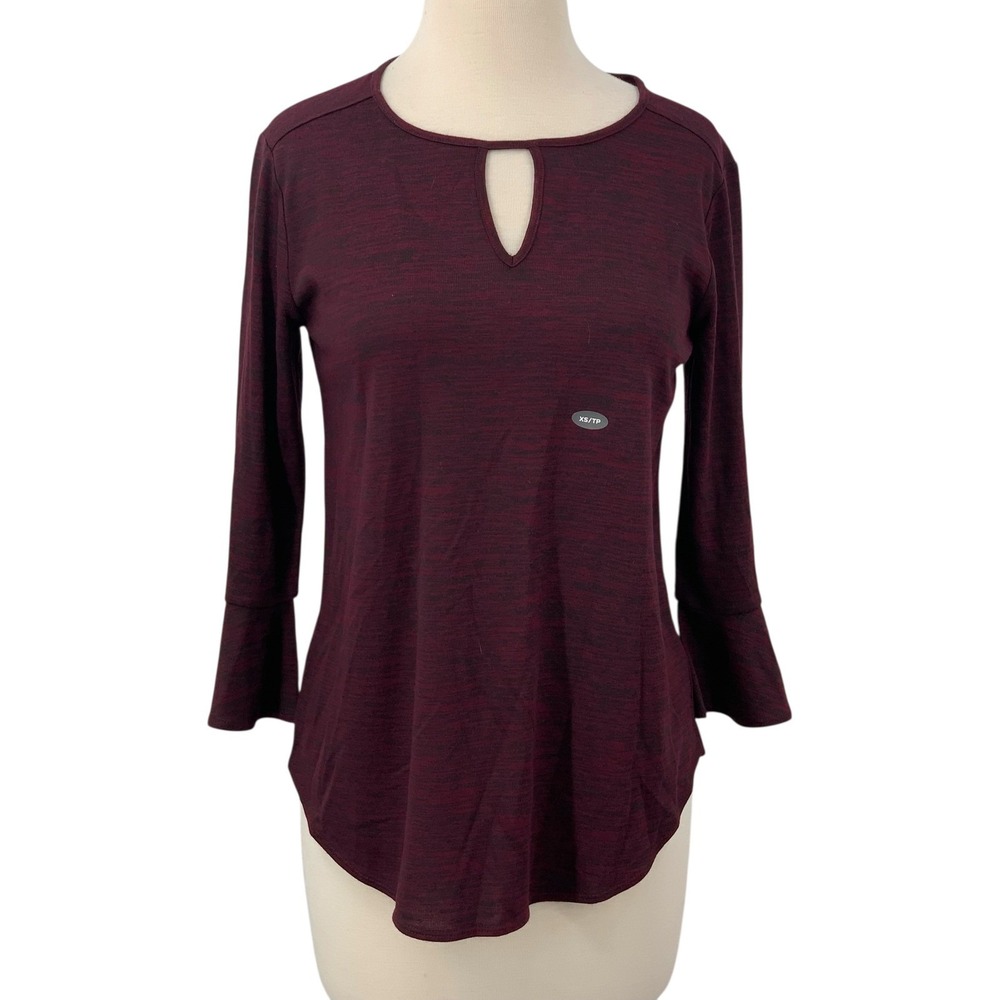 NWT Van Heusen Women's Bell Sleeve Keyhole Neck Top Blouse Burgundy/Black XS